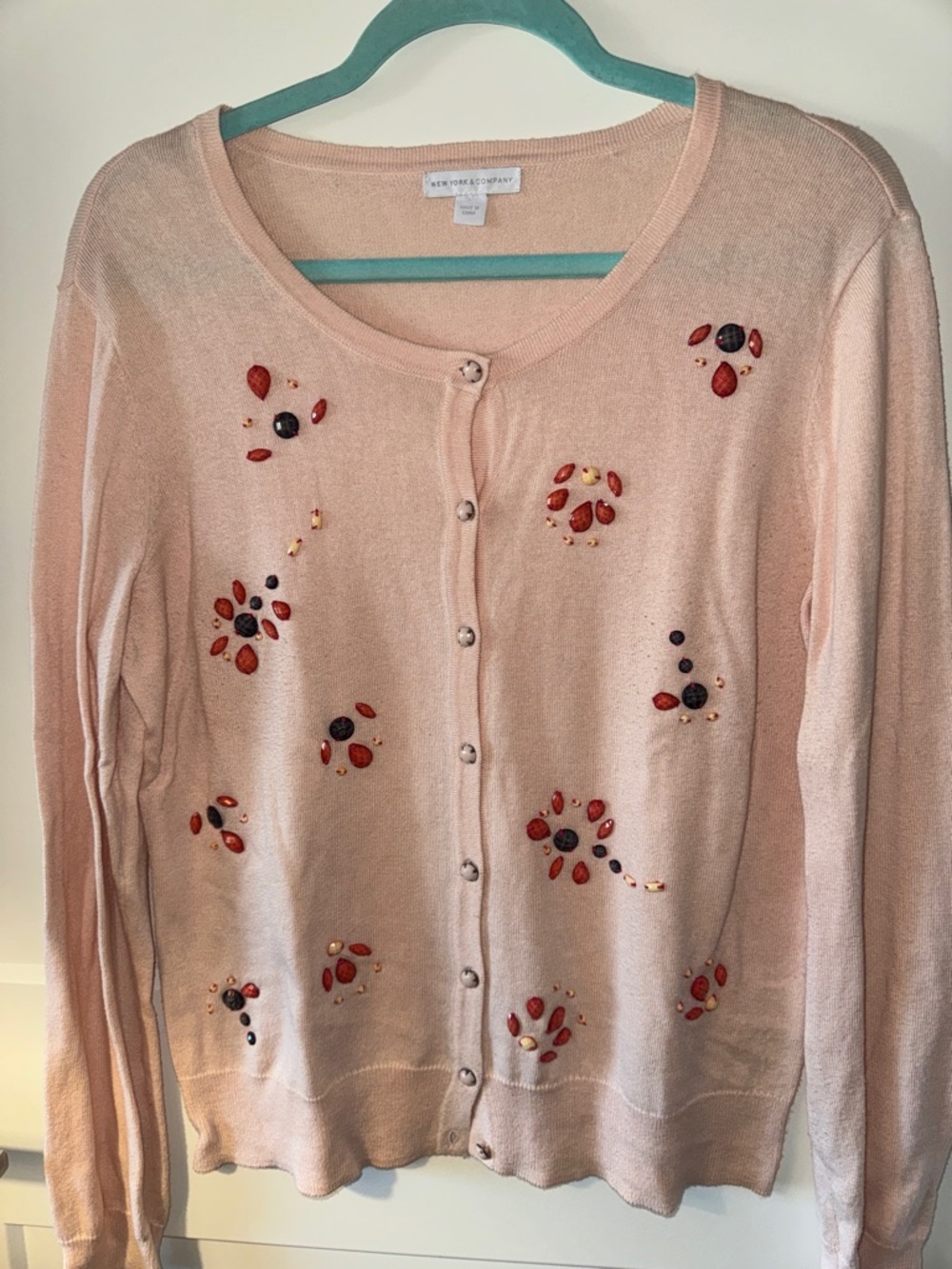 New York & Company Blush Pink Embellished Button-Up Cardigan
